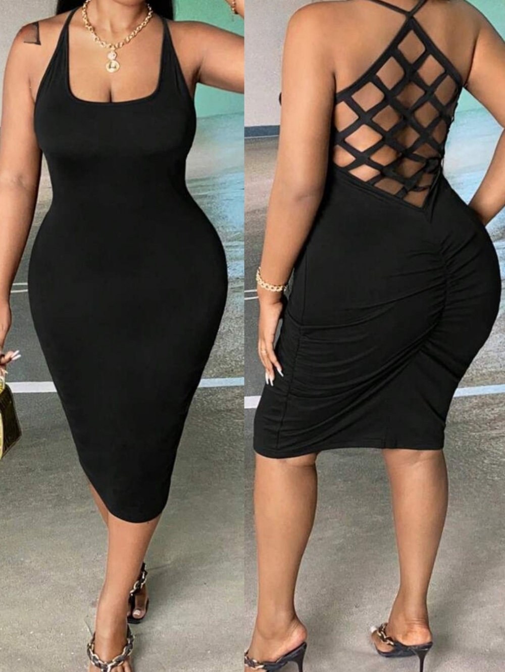 SHEIN 0X Black Halter Bodycon Dress Criss Cross Back 3615-CQ